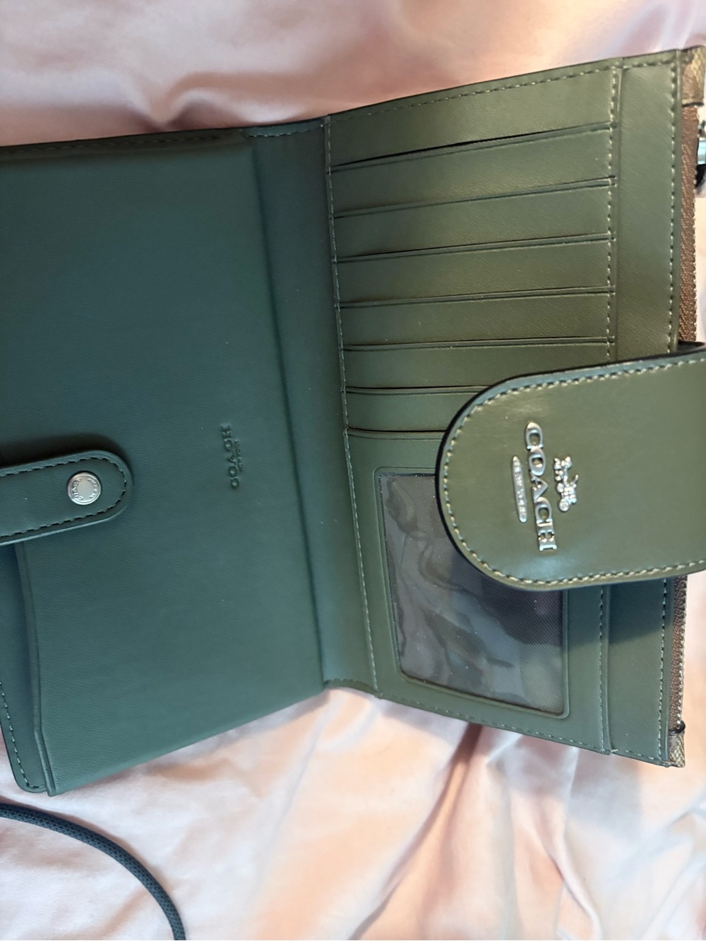 Coach Dark Green Leather Wallet Crossbody with Card Slots
